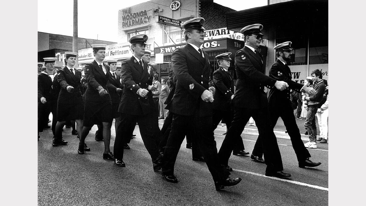 Members of HMAS Albatross marching in the 1990 parade in Wodonga.
