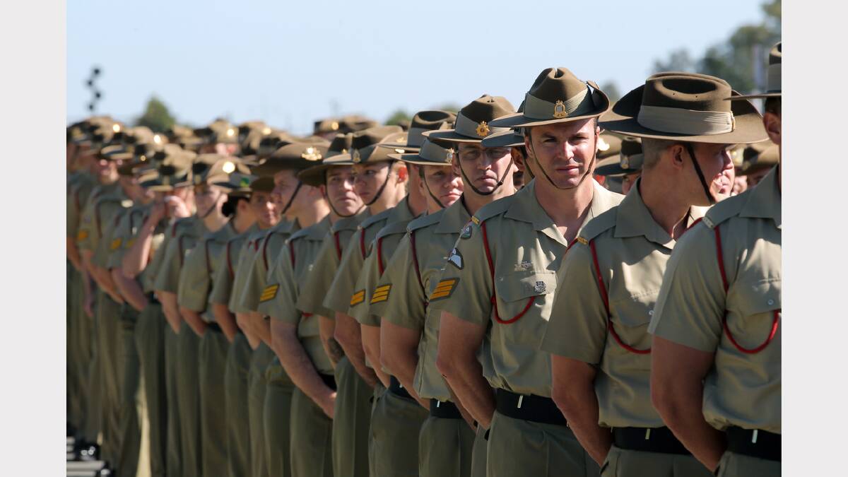 Wodonga Anzac Day march. Army personnel wait for the parade to begin.