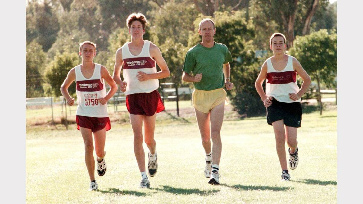 Warming up for the 5km finals at Wodonga athletics club are Peter Maddison, Jason Rees, Dave Holland and Tim Credlin. Picture: RAY HUNT