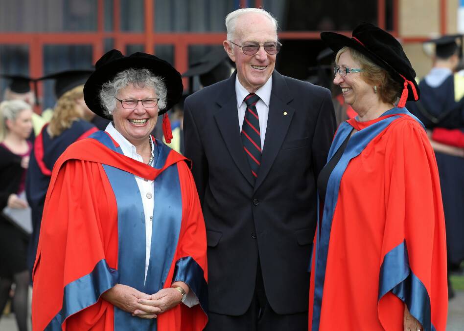 Albury’s Zoe O’Callaghan graduated with a PhD in philosophy with the support 
of John Richards Initiative founder John Richards, and the head of the Initiative, Professor Jeni Warburton. Picture: KYLIE ESLER