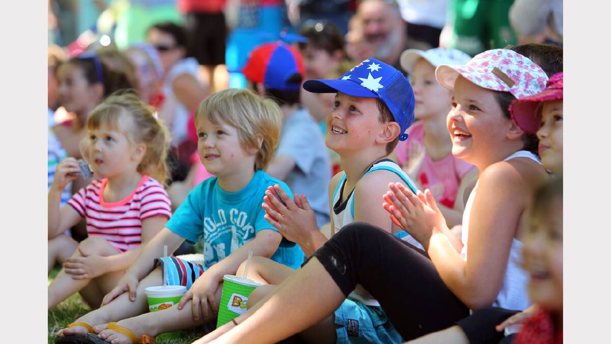 Noreuil Park, Albury. Australia Day 2014. Some of the kids in the crowd ejoying the antics of performer Per Westman onstage.