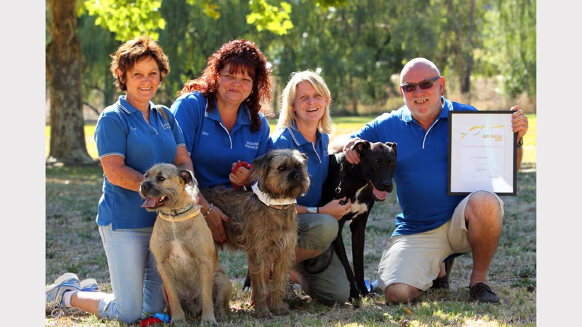 Wodonga. Australia Day celebrations. Peta McRae (with dog Jimmy), Dee Keogh (with dog Steve), Andrea Jack (with dog Clancy), and Jim Toole, from Wodonga Dog Rescue, which was awarded Community Organisation of the Year.