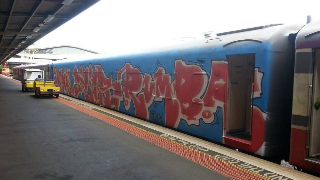 The graffiti-covered carriage at Southern Cross station. Picture courtesy Ross Jackson