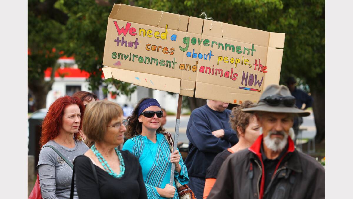 Sally Hunter, of Walla Walla, shows her support at the March in March protest objecting to the Abbott Government, held in Woodland Grove, Wodonga.
