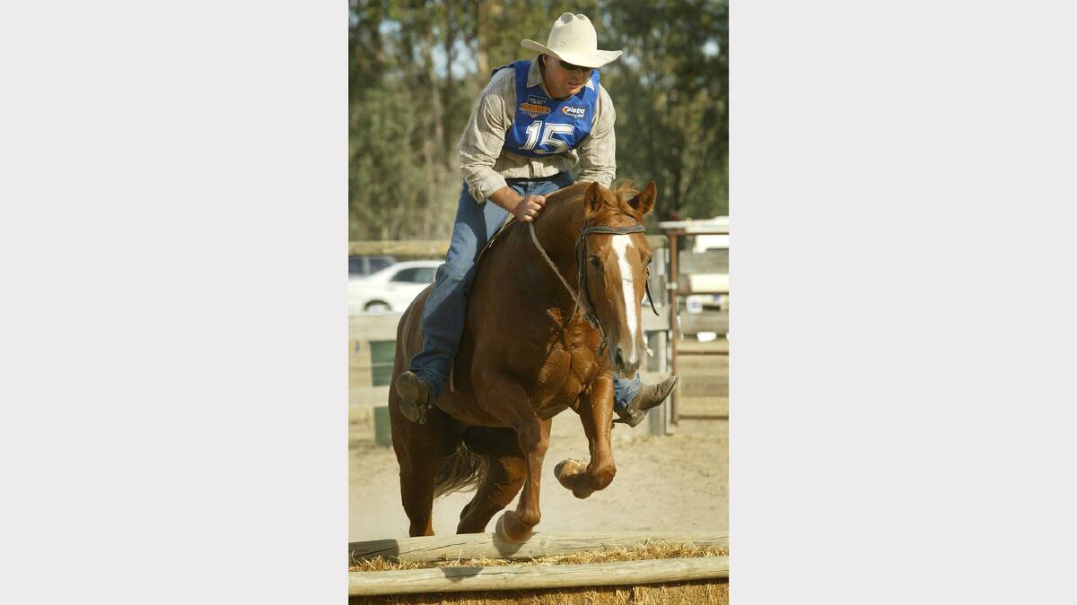 The Man from Snowy River Festival. Dean Hann from Tarcutta riding "Darky", practising for the bareback obstacle course.