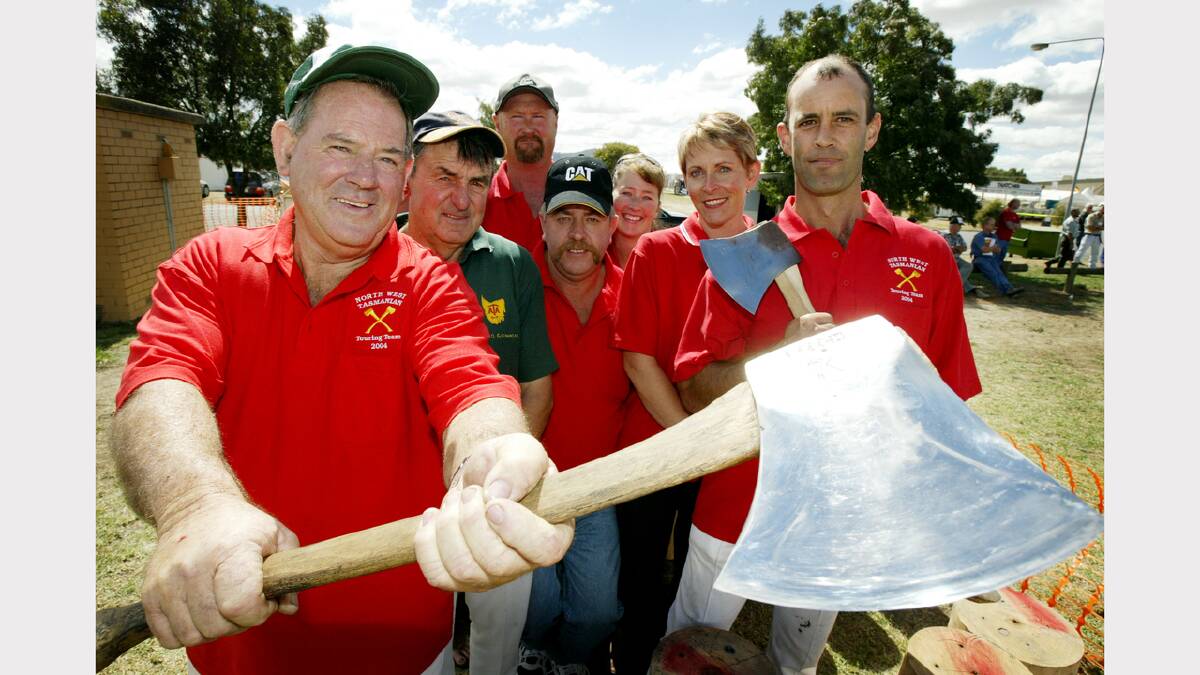 Austimber 2004.  The North West Tasmanian Touring Team, Wood Choppers. L-R Gerald Stubbs, David Goninon, John Bowden, Ian Dodd, Susan Beaumont, Kylee Snare, and Stuart Snare. 