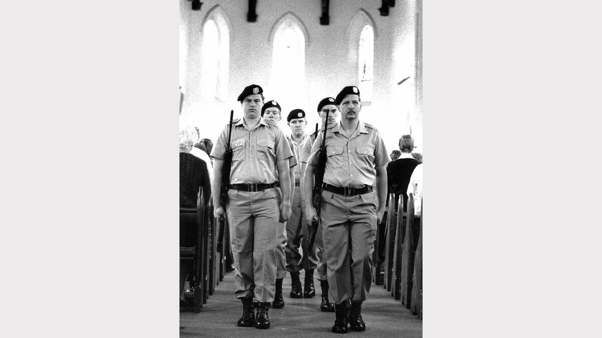 Army soldiers during the requiem Mass at St Patrick's on Anzac Day, 1990.