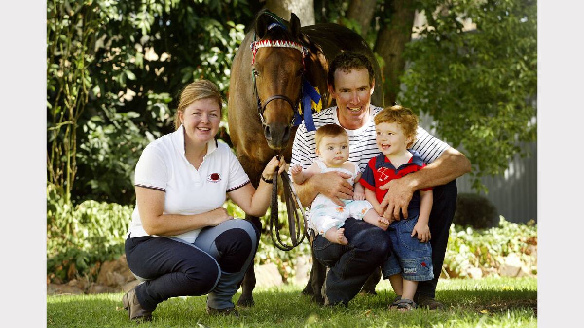 Melissa Chaston, with husband Tony, daughter Scarlett, 7 months and son Archer, 2, with horse Bolagamy Iolo. The Chastons' property was threatened with fire during the Billabong fires and only a change in wind direction saved them from disaster. Picture: MATTHEW SMITHWICK