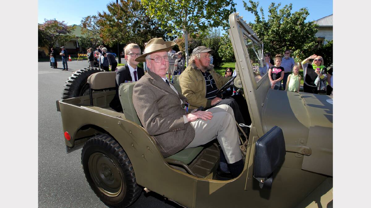 Wodonga Anzac Day parade. WWII veteran Donald Tremethick took part in the parade from the seat of a jeep.