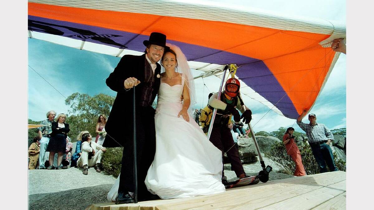 Mt Buffalo. Wedding couple Stephen Ruffels and Lisa Barlee were to to hang-glide in tandem but unfortunately the wind damaged their hang-glider before they could take off. Picture: PETER MERKESTEYN