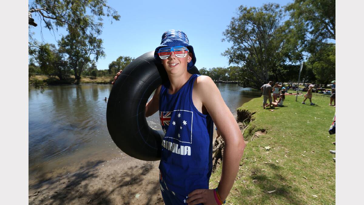 Noreuil Park, Albury. Australia Day 2014. Brad Duff, 16, of Albury, dressed in Australiana, ready to hit the river with his tyre tube.