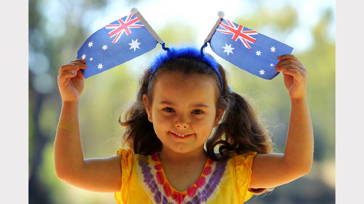 Noreuil Park, Albury. Australia Day 2014. Shara Johnson, 4-and-a-half, of Albury, shows off her patriotism with her Aussie flag headband.