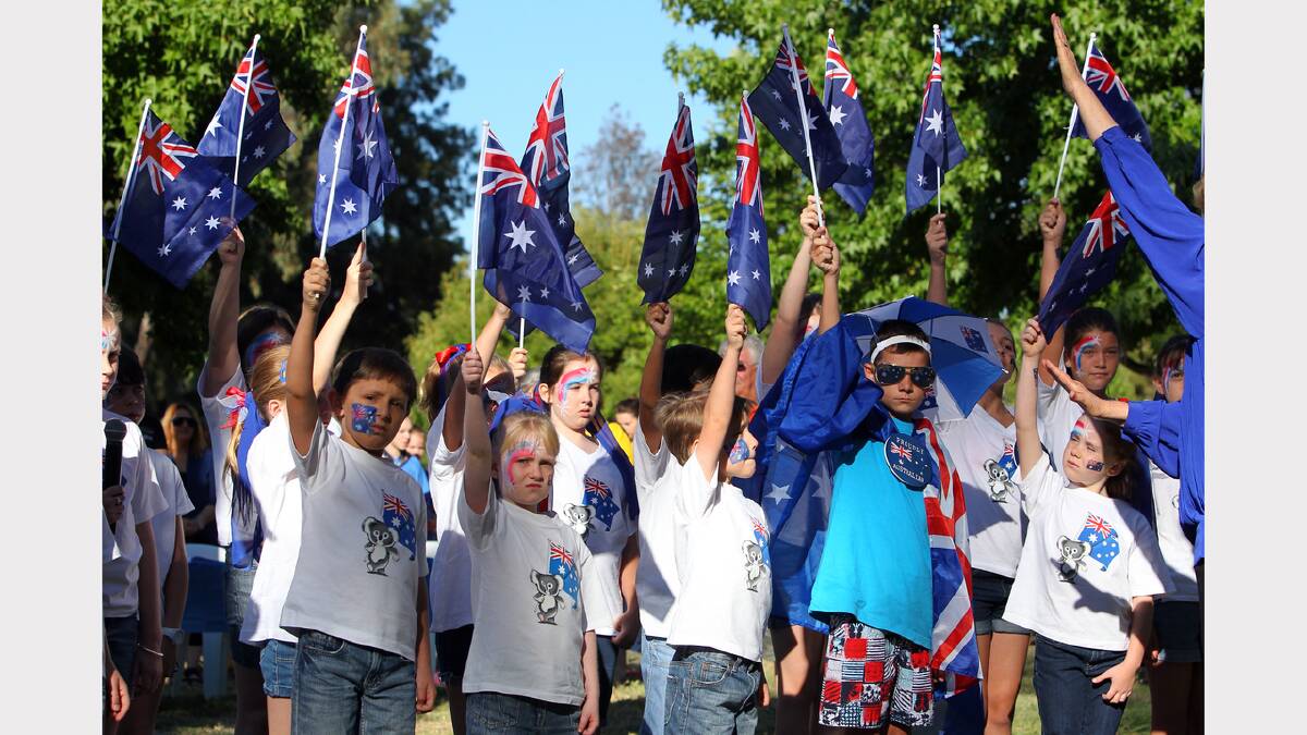 Wodonga. Australia Day celebrations. Students from Wodonga Primary School sing the national anthem as part of the Australia Day Choir.