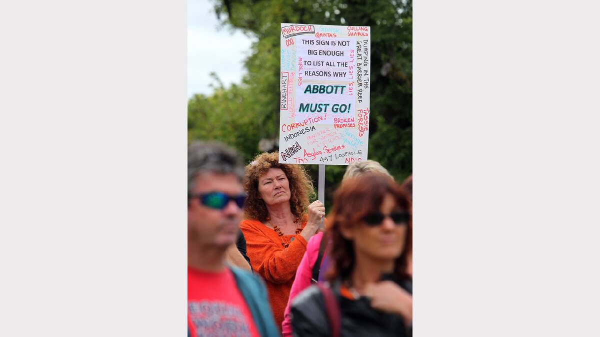 Susie Ross, of Eurobin, at the March in March protest objecting to the Abbott Government, held in Woodland Grove, Wodonga.