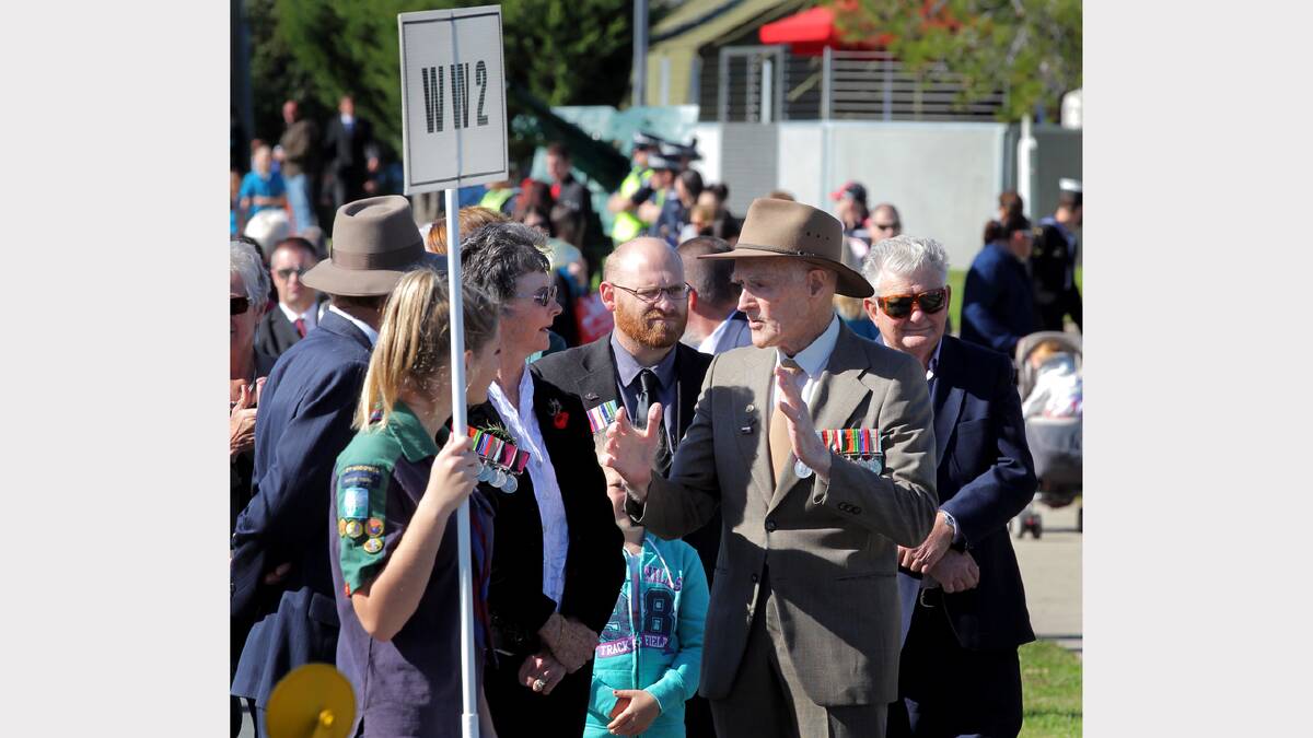 Wodonga Anzac Day march. WWII veteran Jim Mooney, 93 from Wodonga speaks with friends prior to the march.