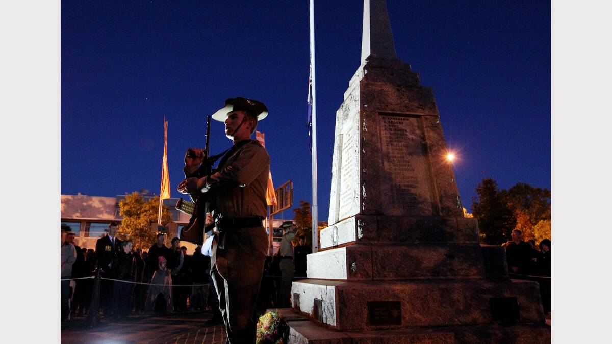 A member of the catafalque party stands guard at the Wodonga dawn service at Woodland Grove.