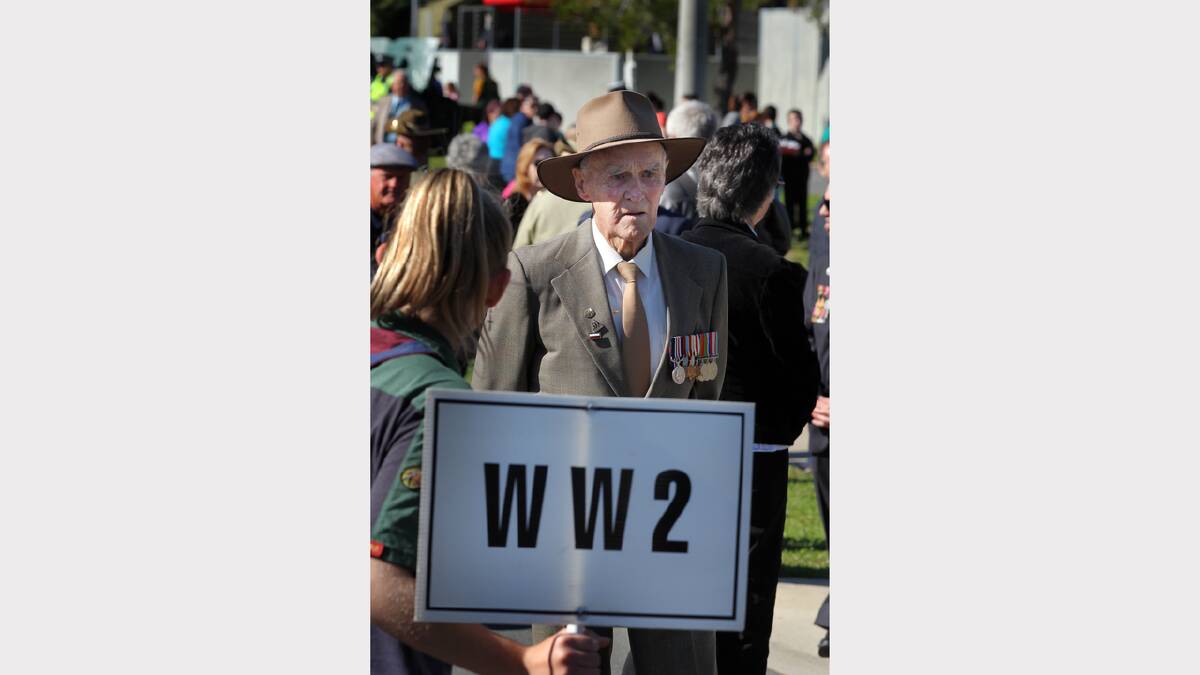 Wodonga Anzac Day march. WWII veteran Jim Mooney, 93 from Wodonga speaks with friends prior to the march.