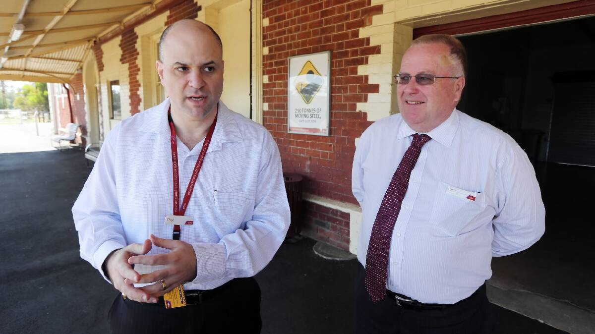 V/Line’s Theo Taifalos and, Colin Tyrus said cleaner windows and crisper and fewer platform announcements were high on the to-do list to improve Border rail services. Picture: PETER MERKESTEYN