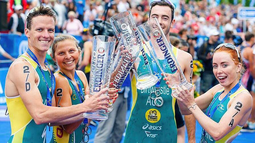 Bunbury triathlete Ryan Bailie, with Australian teammates Emma Jackson, Jake Birtwhistle and Charlotte McShane, has used a World Triathlon Series event in Hamburg, Germany as his final hit out before the 2016 Olympics in Rio. Photo: Tommy Zaferes.
