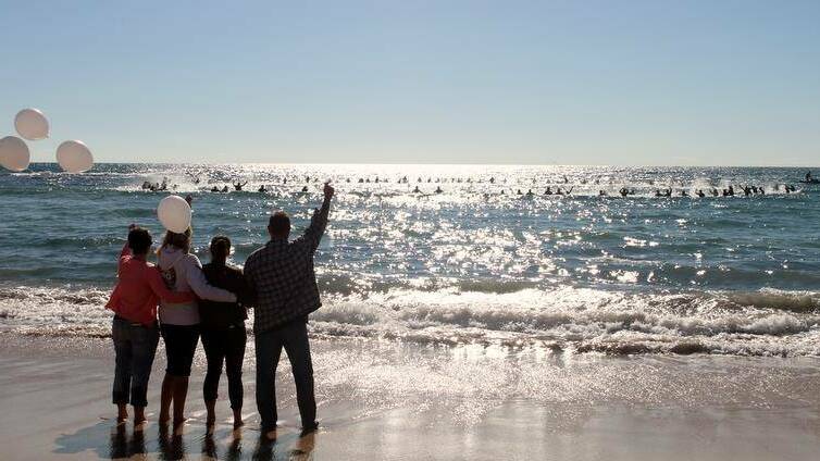 Ben Gerring's family and friends celebrated his life and love of the ocean on Saturday, with a paddle out off Falcon Beach. Photo: Tenelle Dunseath/Facebook.