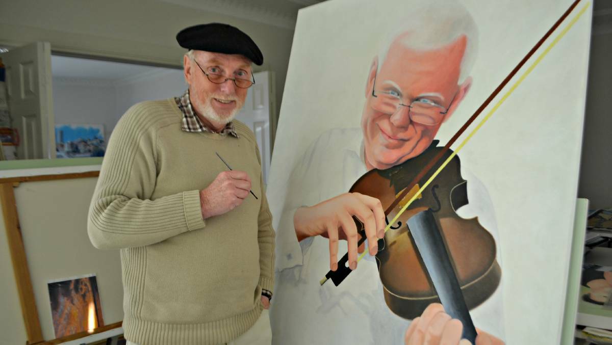 Nowra artist David K. Rees prepares to put the final touches on his Archibald Prize entry, featuring Member for Kiama, Gareth Ward