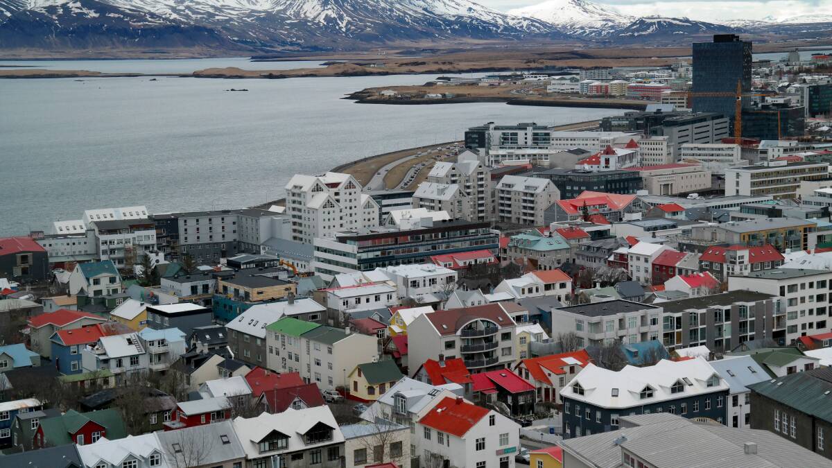 Traffic moves around the buildings in the Icelandic capital is seen from the top of the Hallgrimskirkja tower on April 7, 2014 in Reykjavik, Iceland. Pic: Getty Images