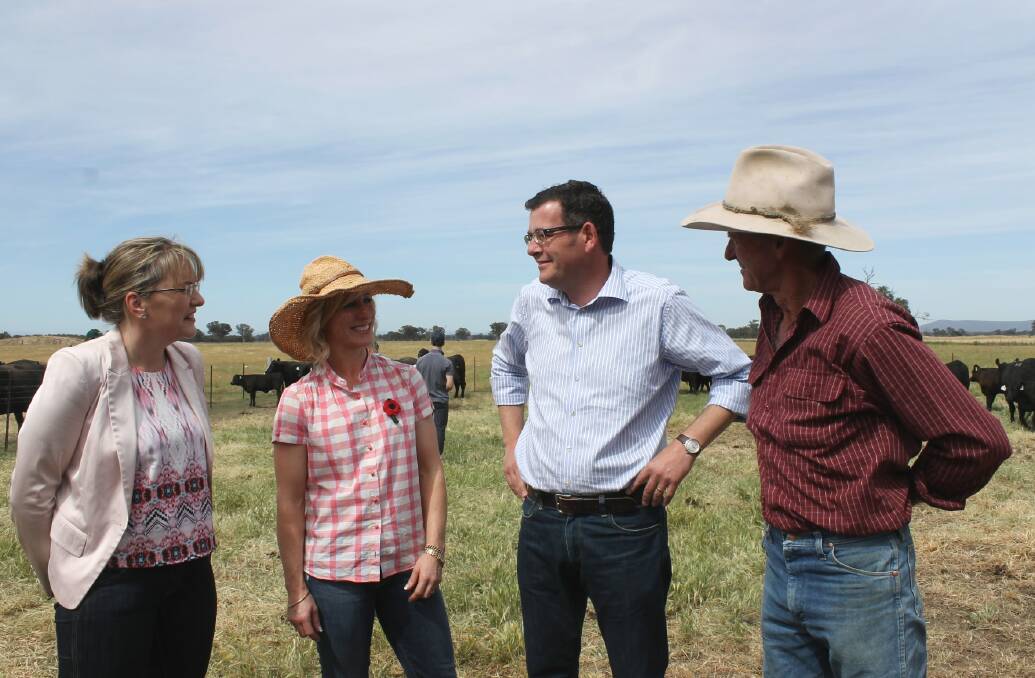 Victorian Shadow Minister for Agriculture Jacinta Allan, Opposition leader Daniel Andrews and his wife Catherine and farm manager Des Hogan at the Old Kentucky dispersal sale. Picture: LAURA GRIFFIN