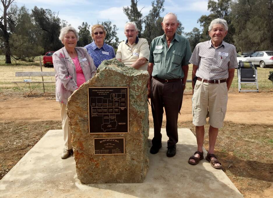 Lois Ziebell, Merwyn Newton, Bob Goldsworthy, Sandy Ellis and Arthur Schulz marked the 75th year of the the settlement of the Munyapla district.