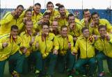 The Australian men's hockey team celebrate with their gold medals after winning the final against India. The Illawarra walked away with two gold medals from the match and one each for Newcastle and regional Western Australia. Photo: Getty Images