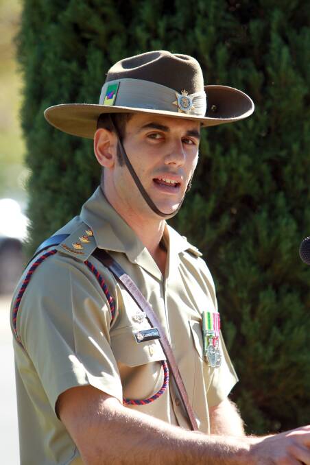 Cpt Cameron Elston speaks during the Anzac Day ceremony at Mount Beauty. Picture: MATTHEW SMITHWICK
