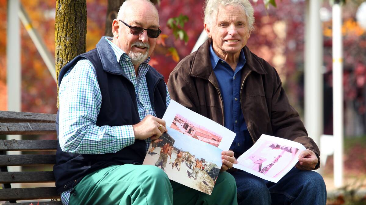 Trevor “Doova” Thomson and Jeffrey Taylor, of Wodonga, marking the 50th anniversary of the first group to go from Bandiana to the Vietnam War. Picture: MATTHEW SMITHWICK
