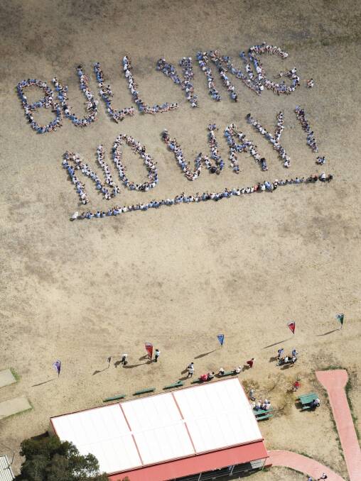 Catholic College Wodonga students created a human message to fight against bullying. Picture: DYLAN ROBINSON