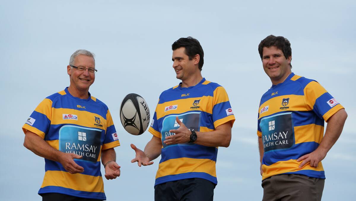 Albury Wodonga and Murray Valley Private hospitals chief Doug McRae, Nathan Bright and Steamers president Justin Clancy wearing the team's new 2014 jersey. Picture: MATTHEW SMITHWICK