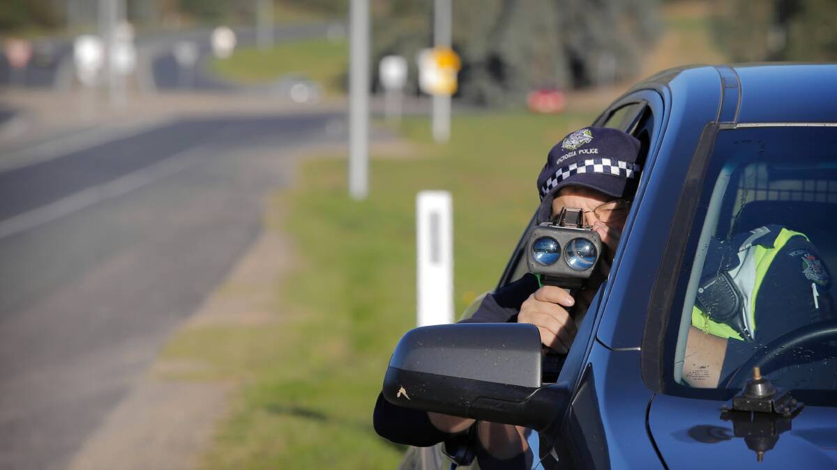 Wodonga highway patrol Sen-Constable Paul Marshall checking the speed of motorists on the Bandiana Link as the long weekend wraps up. Picture: TARA GOONAN