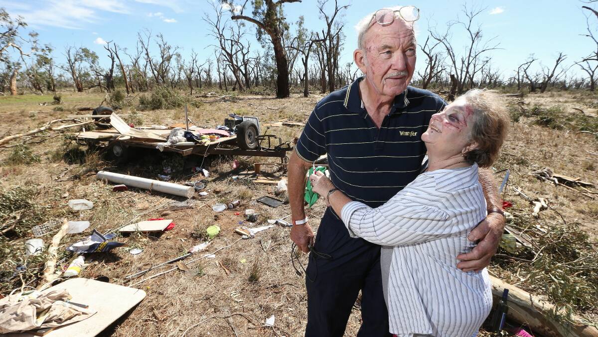 Barry Robins and Valerie Lippingwell are happy to be alive after being caught in their van during the tornado. Picture: JOHN RUSSELL