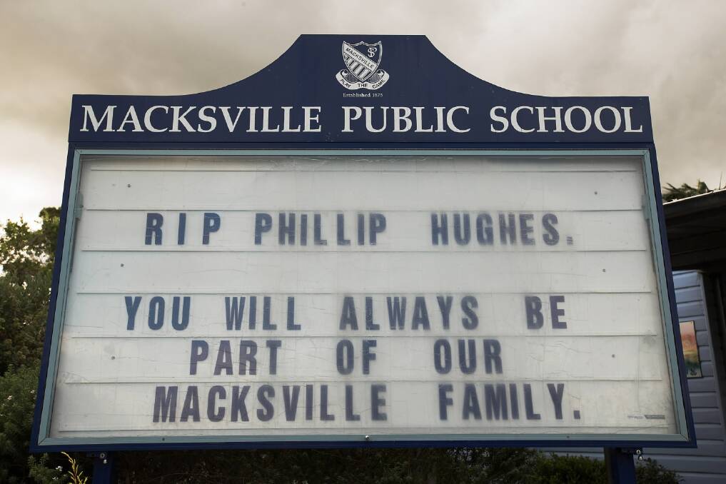 A St Patricks Primary School sign displays a message in memory of Australian cricketer Phillip Hughes. Picture: GETTY IMAGES