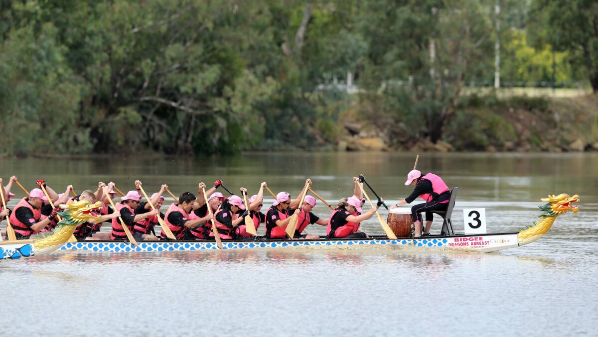 The Albury City team wins the dragon boat race against City of Wodonga on Gateway Lakes