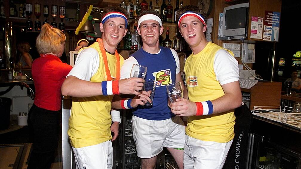 NYE at Paddy's irish bar, Albury - Staff members dressed as sports stars. Bart Furst, Joel Mallett and Jerim Hayes. Picture: SIMON GROVES