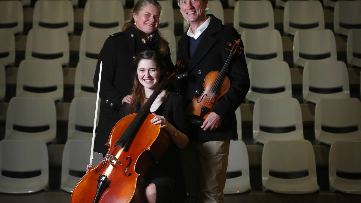 Camp is a family affair for the Cerexhes, with cellist Natasha, 17, a longtime camper and her parents Katie and Peter Cerexhe, on the organising committee. Mr Cerexhe, the committee chairman, will also play violin at the camp. Pictures: MATTHEW SMITHWICK
