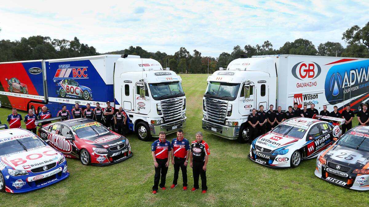The Brad Jones Racing team with their V8 Supercars racecars and new transporters. Picture: MATTHEW SMITHWICK
