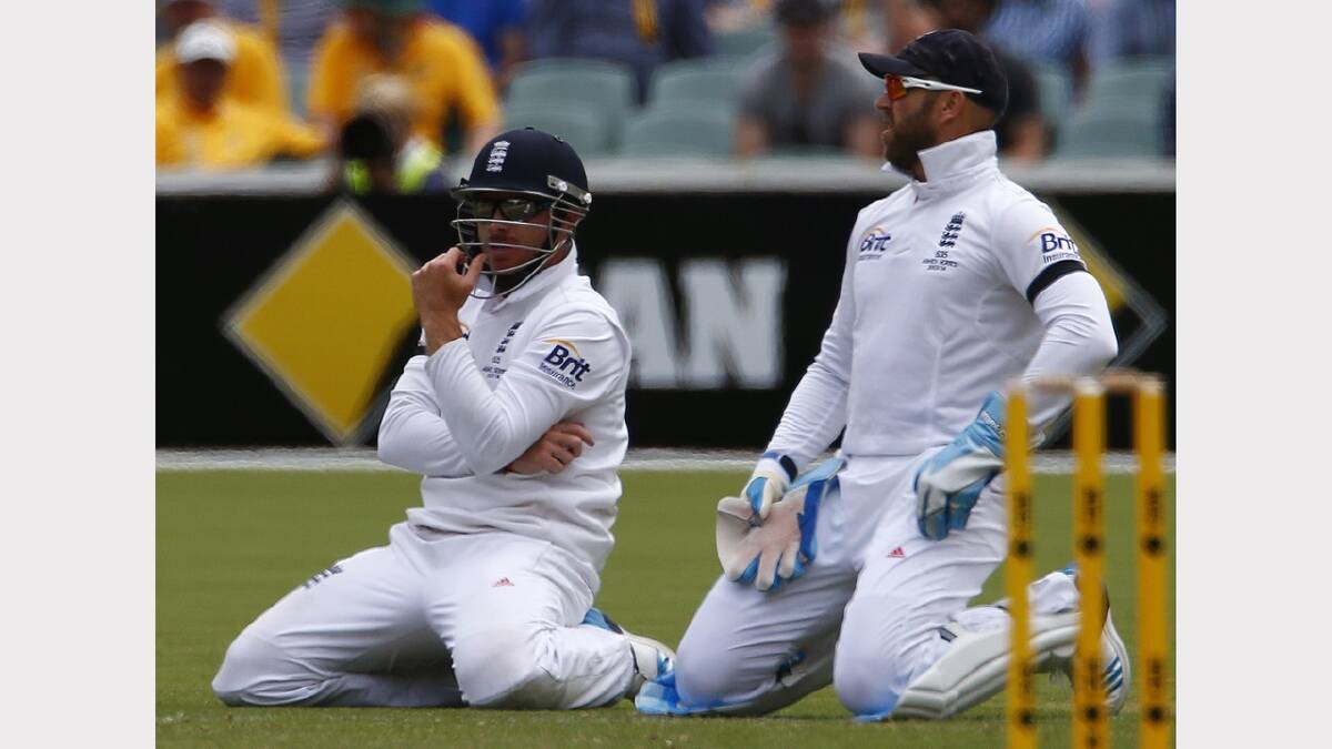 England's vice-captain Matt Prior and teammate Ian Bell react after they missed a catch hit by Australia's captain Michael Clarke. Picture: REUTERS