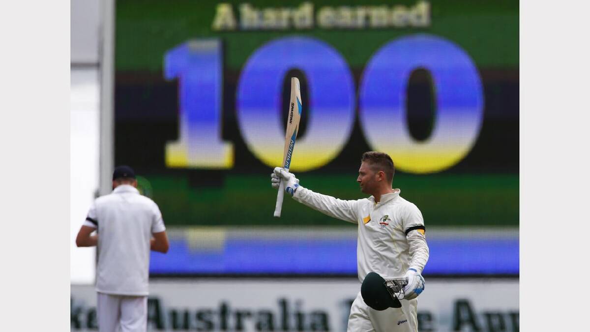 Australia's captain Michael Clarke celebrates his century. Picture: REUTERS