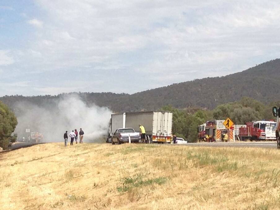 Emergency services are responding to a truck fire on the Hume Highway. Picture: Kelsey Freeman