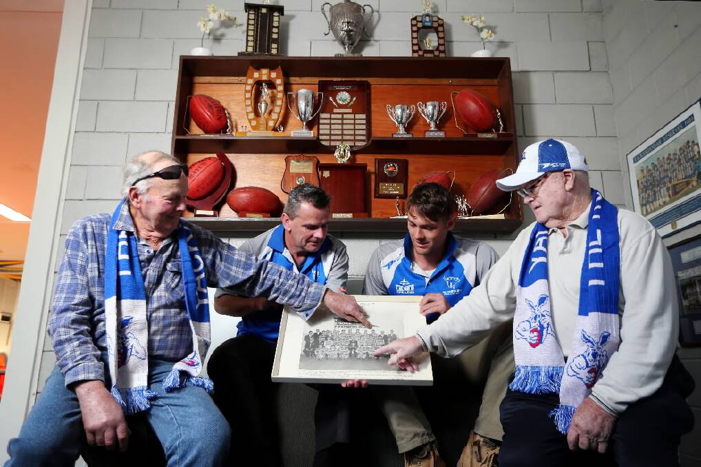 Gathering for the reunion of Yackandandah's 1964 premiership team is Leo Moore, 74, Simon Corr, Trent Castles, Don Damm, 75. Both Leo and Don played in the premiership game. Picture: JOHN RUSSELL
