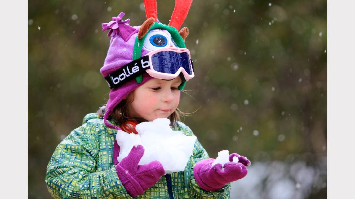 Lea Hocking, 3, ponders the idea of a white Christmas at Falls Creek yesterday. 