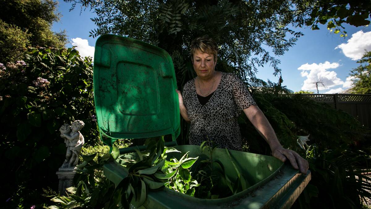 Louise Cameron is outraged by Albury Council’s new three-bin system that will start in July. People will have to pay for green bins and waste bins will only be collected fortnightly. Picture: DYLAN ROBINSON