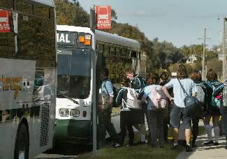 Wodonga Middle Years College students catch a local school bus. Picture: DAVID THORPE