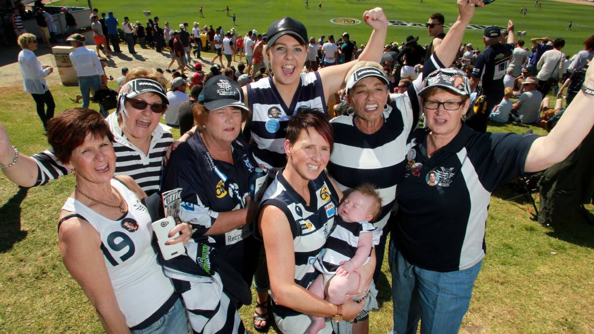 Amy Farrelly brought 8-week-old Parks Farrelly to the game along with friends Janice Ednie, Angela Clarke, Kerry Hargreaves, Charlie Brear, 17, Heidi White and Lynne Brear. Picture: KYLIE ESLER