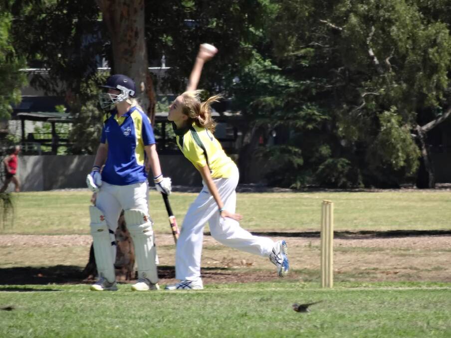 Maddison Howard playing for the North East Kights in Melbourne last summer. In her first game for Beechworth in the boys U16 comp she took a hat-trick in her first over.