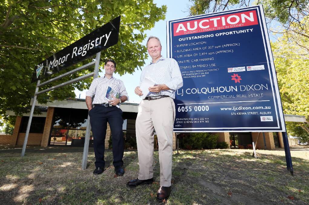 Scott Mann and Andrew Dixon are preparing for the auction of the RTA building in Albury. Picture: JOHN RUSSELL